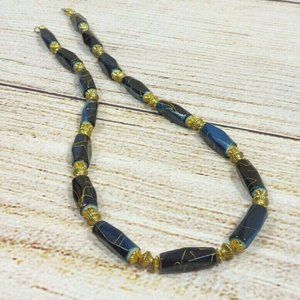 Women Stones Necklace Blue/Goldish Pendant Beads Handmade Chain Trinket Gift VTG